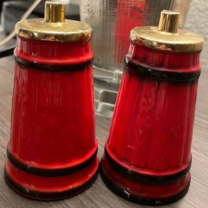Vintage red. Butter Churn salt, and pepper shakers.